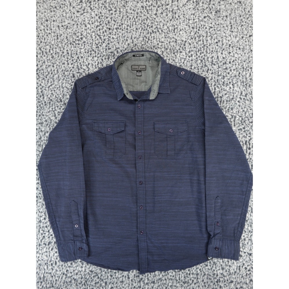 Steves Jeans Mens Large Navy Blue Micro Stripe Stretch Utility Button Down Shirt